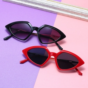 Modern geometric cat-eye sunglasses with thin metal frames in black and red colors