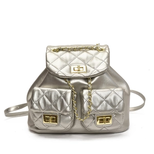 Chic silver quilted backpack with gold chain details and dual front pockets for women