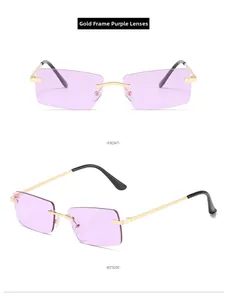 Vues de face et de profil à 45 degrés de lunettes de soleil dorées à verres violets