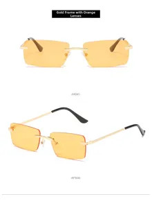 Détails de lunettes de soleil carrées rétro avec monture dorée et verres oranges
