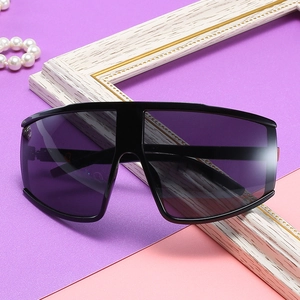 Unisex oversized shield cycling sunglasses in glossy black frame with dark purple lenses