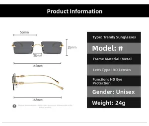 Detailed size chart for square vintage sunglasses showing frame dimensions and specifications