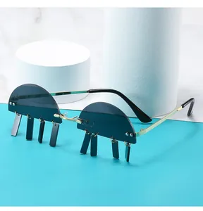 Close-up of semi-circle sunglasses with unique hanging rectangular acrylic pendants