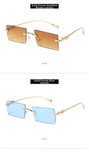 Detail of rimless square sunglasses with gold metal temples in tea and blue lenses