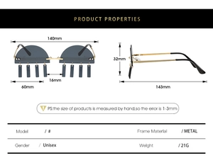Detailed technical drawing of punk style semi-rimless sunglasses with metal charms