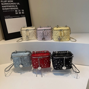 Quilted PU Leather Mini Box Crossbody Bag Rhinestone Chain Strap Camellia Flower Pendant Elegant Fashionable