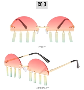 Front and side view of half-rim gradient pink sunglasses with hanging acrylic charms