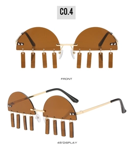 Front and 45 degree views of retro semi-rimless brown sunglasses with unique metal charms