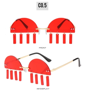 Front and 45-degree angle view of semi-rimless sunglasses with red rectangular pendants