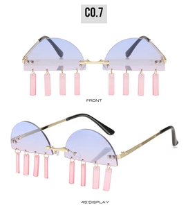Front and 45-degree angle view of semi-rimless sunglasses with pink acrylic tassels