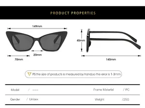 Size chart showing dimensions of modern cat eye sunglasses with a sleek black PC frame