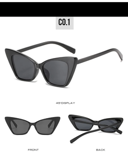 Three-view display of black cat eye sunglasses showing front, back, and 45-degree angles