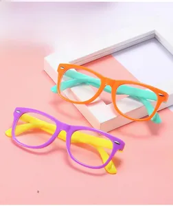 Detail of colorful anti-blue light glasses for kids with soft flexible silicone frames