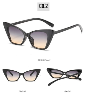 Three-way view of cat eye sunglasses with black frames and purple-orange gradient lenses