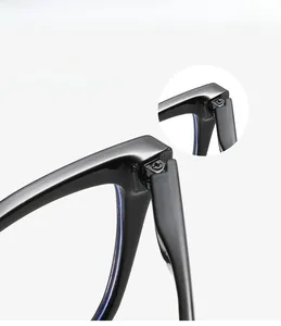 Detail of durable metal hinge on black glasses frames with mortise structure strength
