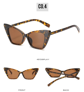 Three-view layout of leopard tortoise cat-eye sunglasses showing front, back, and 45-degree angle