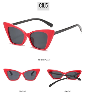 Three-angle view of red cat-eye sunglasses with black temples and dark grey lenses
