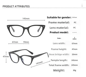 Detailed size chart for retro blue light blocking cat eye glasses with frame dimensions