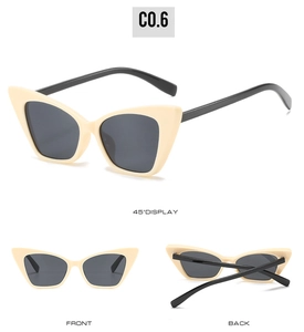 Detailed views of cream small frame cat-eye sunglasses with dark lenses and black temples