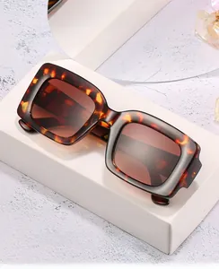 Detail view of retro tortoiseshell square sunglasses on a white pedestal display