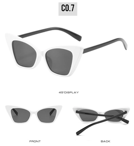 Three views of retro white cat eye sunglasses with black lenses and slim temples