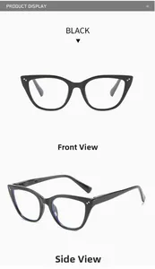 Detail view of black cat-eye eyeglass frames with silver rivet accents and spring hinges