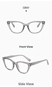 Detailed views of gray transparent cat-eye glasses frames with durable spring hinges