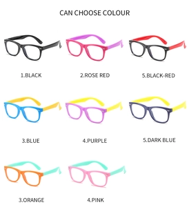Overview of children's anti-blue light glasses showing 8 flexible silicone color options