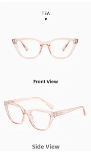 Detailed front and side views of transparent tea-colored cat eye glasses frames