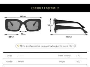 Detailed size guide with frame dimensions for these oversized square fashion sunglasses