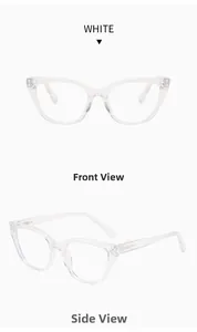Front and side view of transparent cat eye glasses frames with metal hinge details