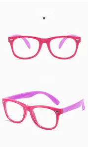 Front and side views of rose red and purple silicone kids blue light blocking glasses