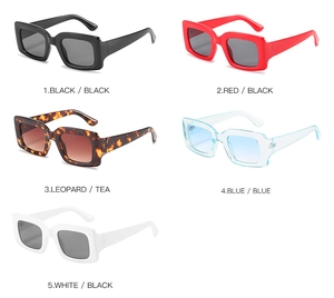 Detailed catalog of trendy rectangular sunglasses in black, red, leopard, blue, and white
