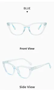Front and side view of light blue cat-eye glasses frame with flexible spring hinges