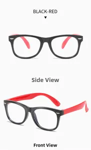 Detailed views of kids anti-blue light glasses with flexible black and red frames
