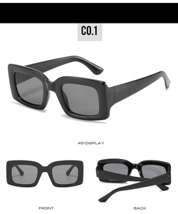 Three-angle view of black rectangular sunglasses featuring dark lenses and wide temples