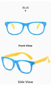 Blue and yellow silicone kids glasses showing front and side views with clear lenses