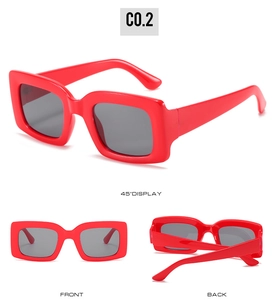Three-way view of vintage red rectangular sunglasses with dark lenses from multiple angles
