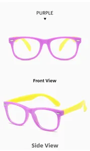 Front and side views of purple and yellow silicone kids anti-blue light glasses frames