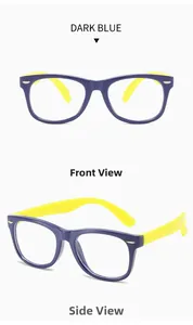 Detailed views of kids dark blue and yellow flexible silicone eyeglasses frames