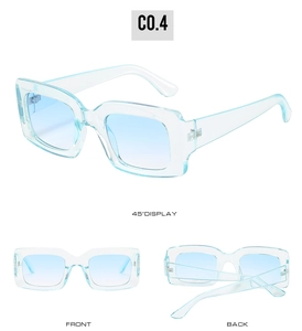 Detail view of square light blue transparent sunglasses from front and side angles