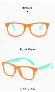 Front and side views of orange kids anti-blue light glasses with green silicone frame