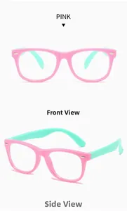 Detail view of pink and mint green children's glasses frames with metal rivet accents