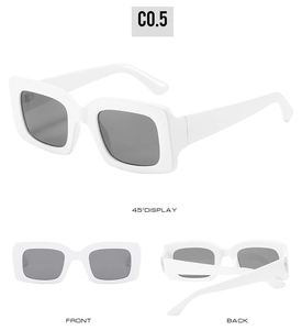 Three-way view of white chunky square sunglasses with thick frames and grey lenses
