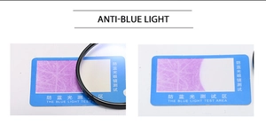 Blue light blocking test kit showing lens performance on a white background