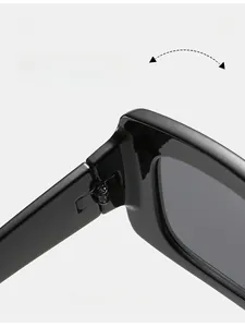Close-up of durable metal hinge on stylish thick-frame square sunglasses for women