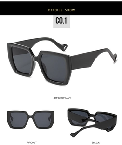 Detailed multi-angle views of oversized black square frame sunglasses with thick temples