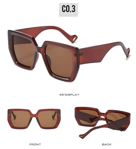 Detailed views of square frame sunglasses in dark brown translucent resin with lens details