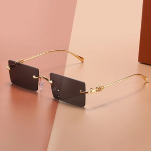 Chic vintage square rimless sunglasses with grey ocean lenses and gold metal temples
