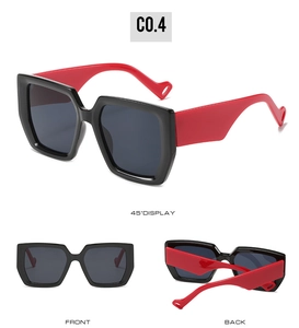 Square black sunglasses with bold red temples shown from multiple angles and C0.4 code